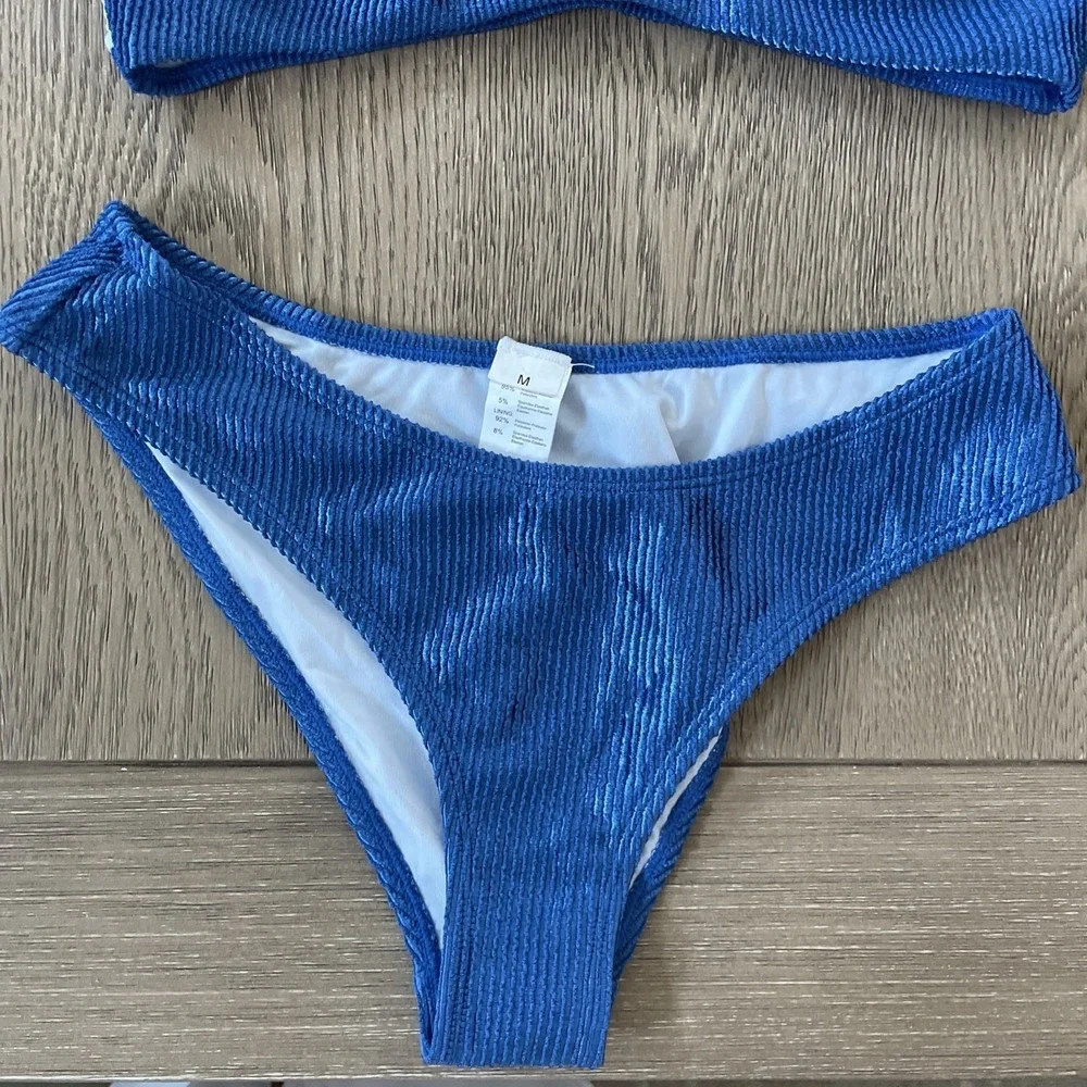 Cupshe Blue Ribbed Shimmer Scoop Neck Bikini Set Two‎ Piece Swimsuit Medium NEW